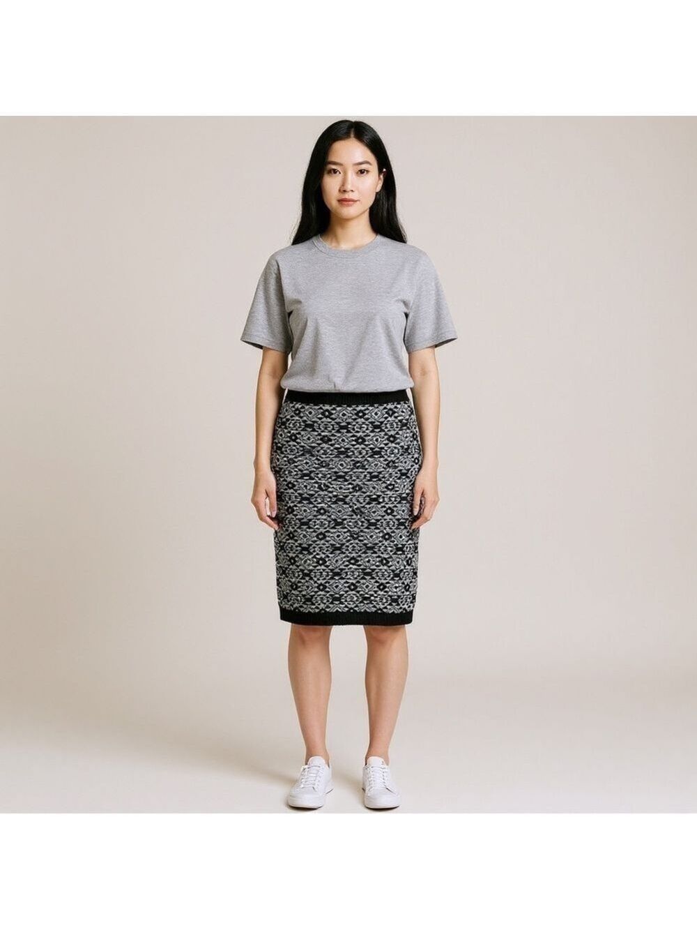 PINK Rose pencil sweater skirt fitted abstract design geometric black grey sz S